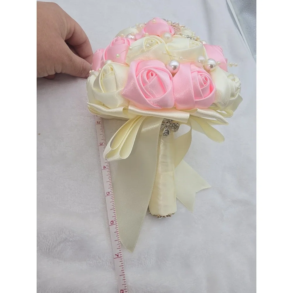 Pink & White Rose Flower Rhinestone Pearl Wedding Bridal Bouquet